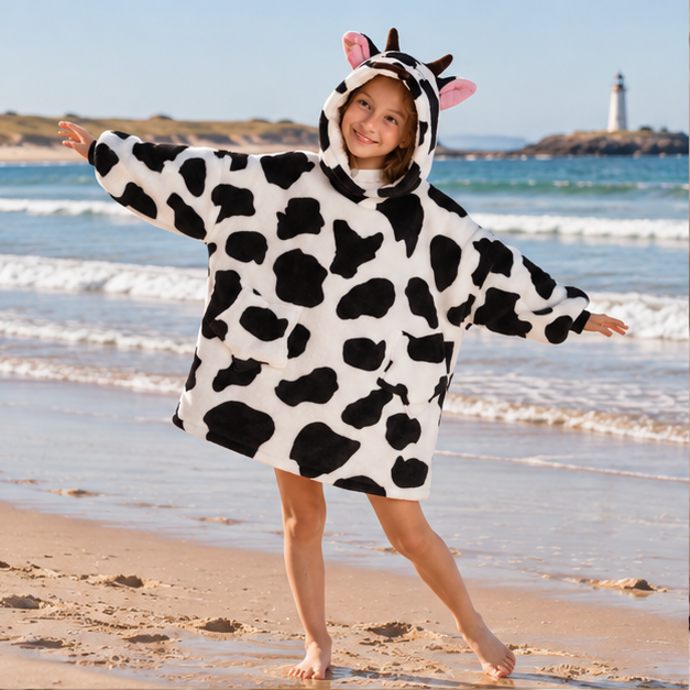 Poncho Plaid Vache – Blanc / Enfant, en situation sur la côte Atlantique