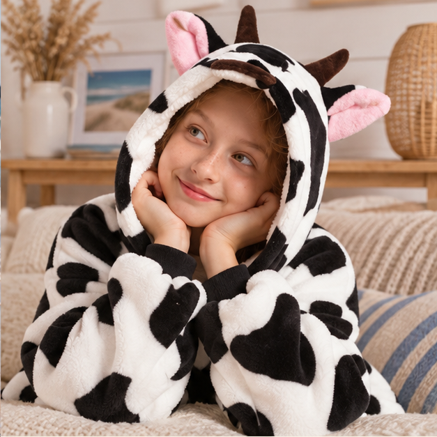 Poncho Plaid Vache – Blanc / Enfant, dans un intérieur côtier lumineux