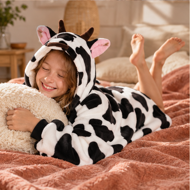 Poncho Plaid Vache – Blanc / Enfant, porté en mouvement au bord de l’océan