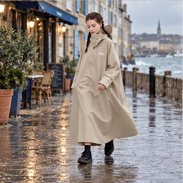 Poncho Pluie Pour Scooter, porté en mouvement au bord de l’océan