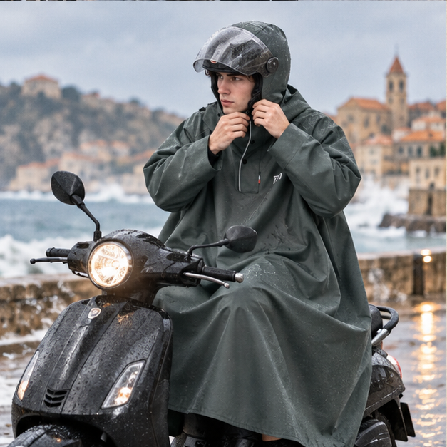 Poncho Pluie Pour Scooter – Kaki / M, Kaki / L, Kaki / XL, Kaki / XXL, porté en mouvement au bord de l’océan