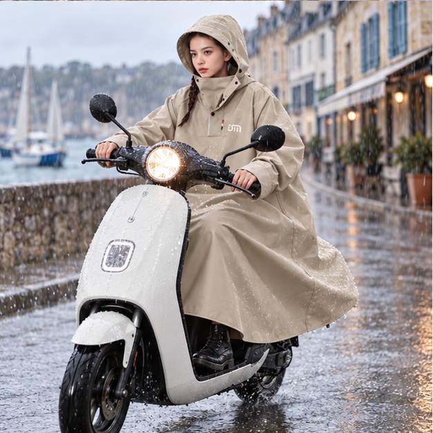 Poncho Pluie Pour Scooter – Sable / M, Sable / L, Sable / XL, Sable / XXL, porté en mouvement au bord de l’océan