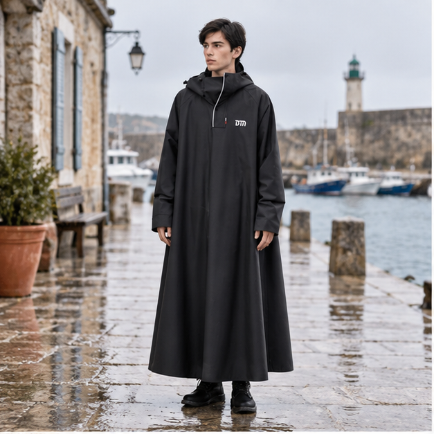 Poncho Pluie Pour Scooter – Noir / M, Noir / L, Noir / XL, Noir / XXL, en situation sur la côte Atlantique