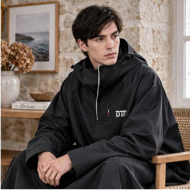 Poncho Pluie Pour Scooter – Noir / M, Noir / L, Noir / XL, Noir / XXL, dans un intérieur côtier lumineux