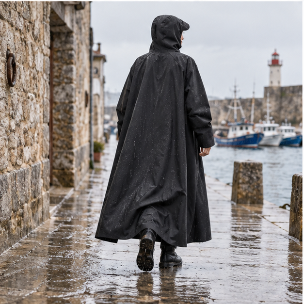 Poncho Pluie Pour Scooter – Noir / M, Noir / L, Noir / XL, Noir / XXL, porté en mouvement au bord de l’océan