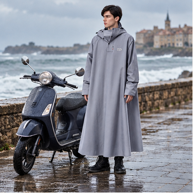 Poncho Pluie Pour Scooter – Gris / M, Gris / L, Gris / XL, Gris / XXL, en situation sur la côte Atlantique