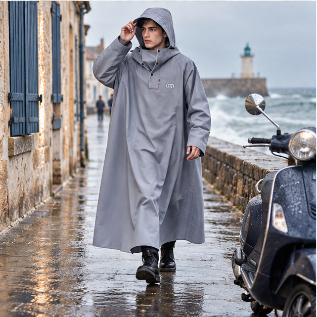 Poncho Pluie Pour Scooter – Gris / M, Gris / L, Gris / XL, Gris / XXL, porté en mouvement au bord de l’océan