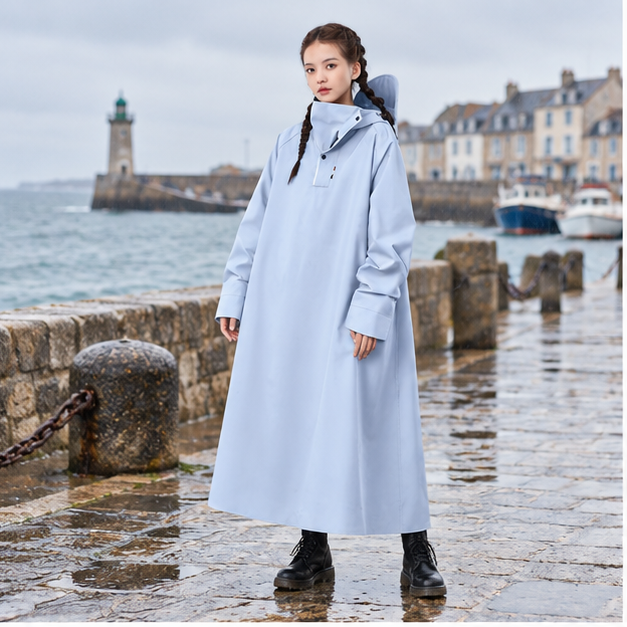 Poncho Pluie Pour Scooter – Bleu Clair / M, Bleu Clair / L, Bleu Clair / XL, Bleu Clair / XXL, en situation sur la côte At…