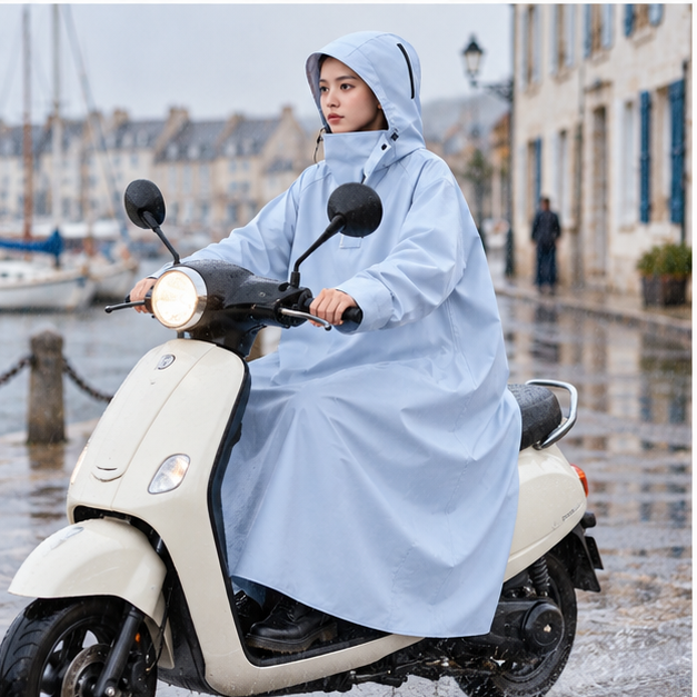Poncho Pluie Pour Scooter – Bleu Clair / M, Bleu Clair / L, Bleu Clair / XL, Bleu Clair / XXL, porté en mouvement au bord…