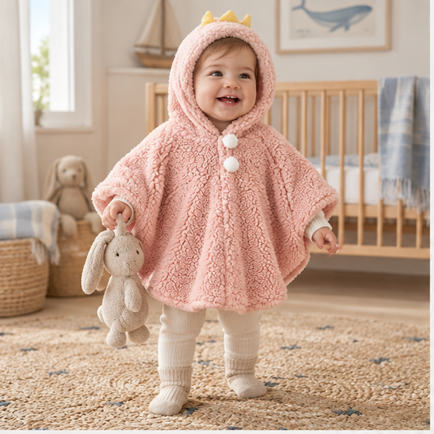 Poncho Polaire Bébé Couronne – Rose / Bébé (1 à 3 Ans), en situation sur la côte Atlantique