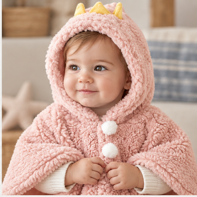 Poncho Polaire Bébé Couronne – Rose / Bébé (1 à 3 Ans), dans un intérieur côtier lumineux