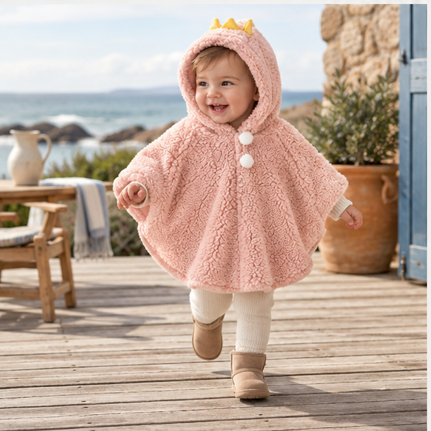 Poncho Polaire Bébé Couronne – Rose / Bébé (1 à 3 Ans), porté en mouvement au bord de l’océan