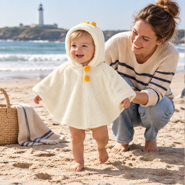 Poncho Polaire Bébé Couronne – Blanc / Bébé (1 à 3 Ans), en situation sur la côte Atlantique