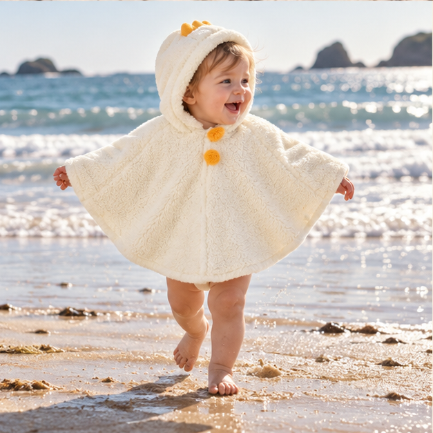 Poncho Polaire Bébé Couronne – Blanc / Bébé (1 à 3 Ans), porté en mouvement au bord de l’océan