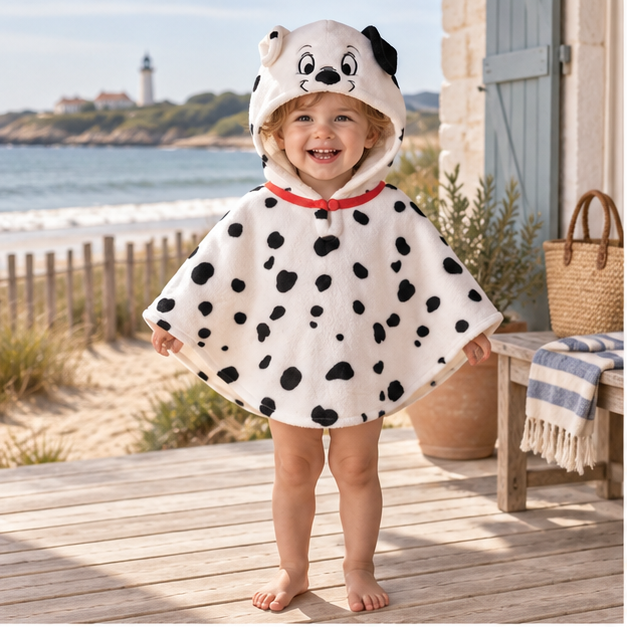 Poncho Polaire Bébé Dalmatien – Blanc / Bébé (1 à 3 ans), en situation sur la côte Atlantique