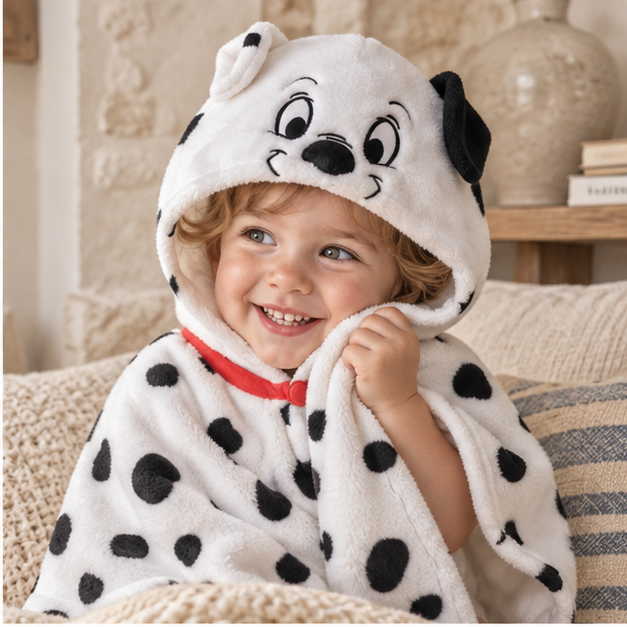 Poncho Polaire Bébé Dalmatien – Blanc / Bébé (1 à 3 ans), dans un intérieur côtier lumineux