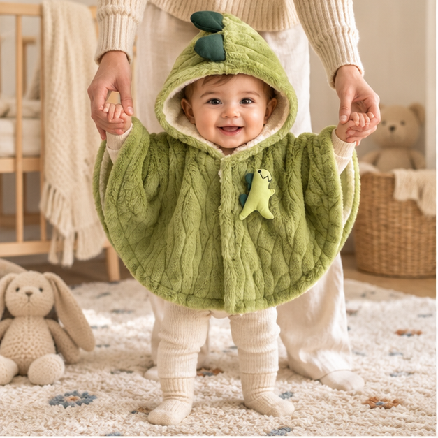 Poncho Polaire Bébé Dinosaure – Vert / Bébé (0 à 3 ans), en situation sur la côte Atlantique