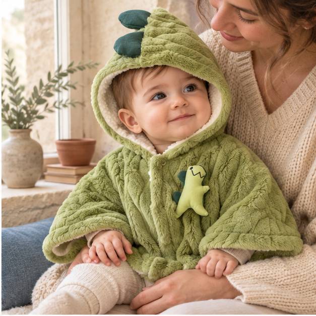 Poncho Polaire Bébé Dinosaure – Vert / Bébé (0 à 3 ans), dans un intérieur côtier lumineux