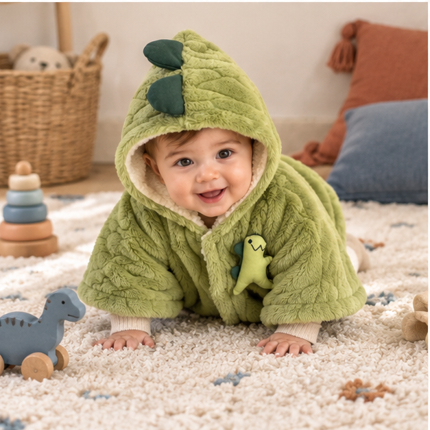 Poncho Polaire Bébé Dinosaure – Vert / Bébé (0 à 3 ans), porté en mouvement au bord de l’océan