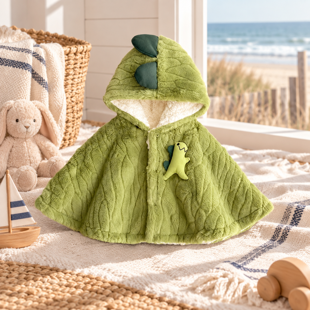 Poncho Polaire Bébé Dinosaure – Vert / Bébé (0 à 3 ans), visuel principal lifestyle