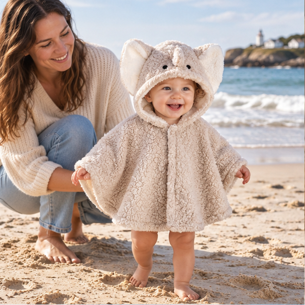 Poncho Polaire Bébé Éléphant – Gris Clair / Bébé (0 à 3 ans), en situation sur la côte Atlantique