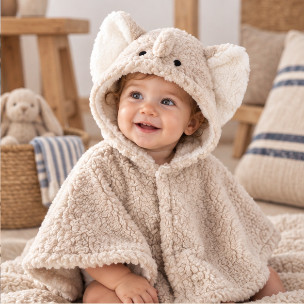 Poncho Polaire Bébé Éléphant – Gris Clair / Bébé (0 à 3 ans), dans un intérieur côtier lumineux