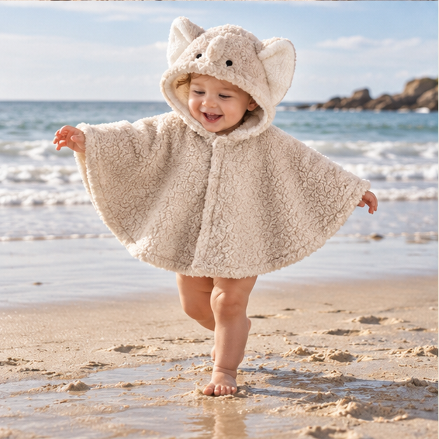 Poncho Polaire Bébé Éléphant – Gris Clair / Bébé (0 à 3 ans), porté en mouvement au bord de l’océan