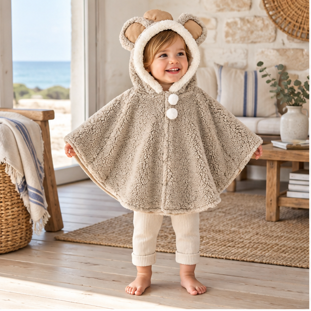 Poncho Polaire Bébé Oreilles D'éléphant – Gris / Bébé (1 à 3 Ans), en situation sur la côte Atlantique