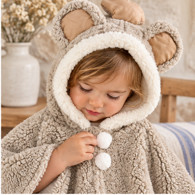 Poncho Polaire Bébé Oreilles D'éléphant – Gris / Bébé (1 à 3 Ans), dans un intérieur côtier lumineux