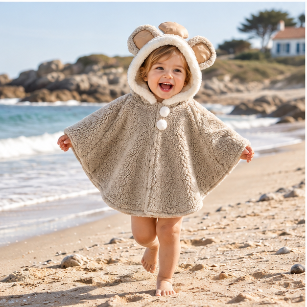 Poncho Polaire Bébé Oreilles D'éléphant – Gris / Bébé (1 à 3 Ans), porté en mouvement au bord de l’océan