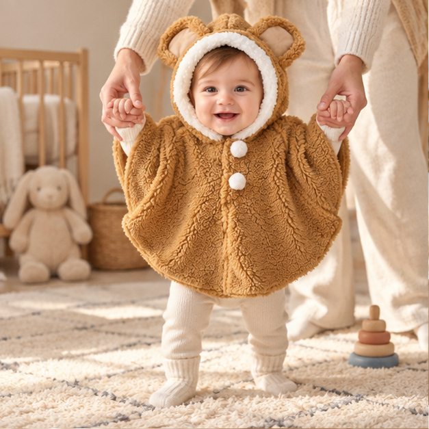 Poncho Polaire Bébé Oreilles D'éléphant – Camel / Bébé (1 à 3 Ans), en situation sur la côte Atlantique