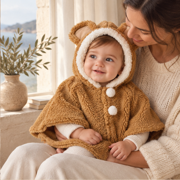 Poncho Polaire Bébé Oreilles D'éléphant – Camel / Bébé (1 à 3 Ans), dans un intérieur côtier lumineux