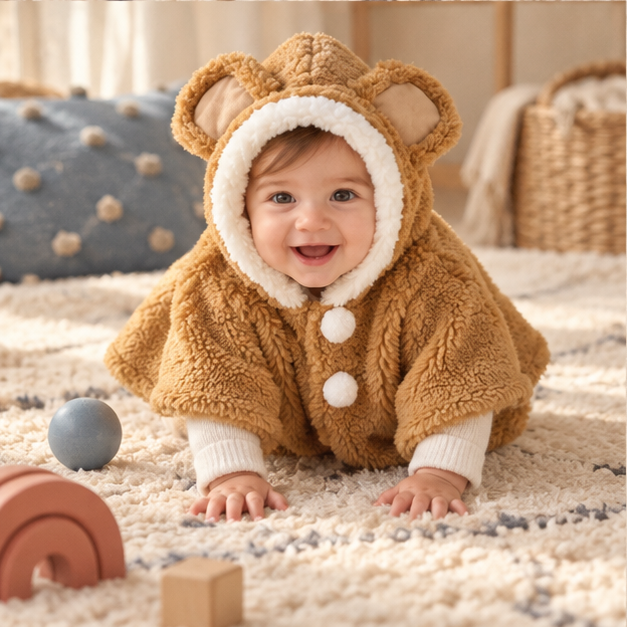Poncho Polaire Bébé Oreilles D'éléphant – Camel / Bébé (1 à 3 Ans), porté en mouvement au bord de l’océan