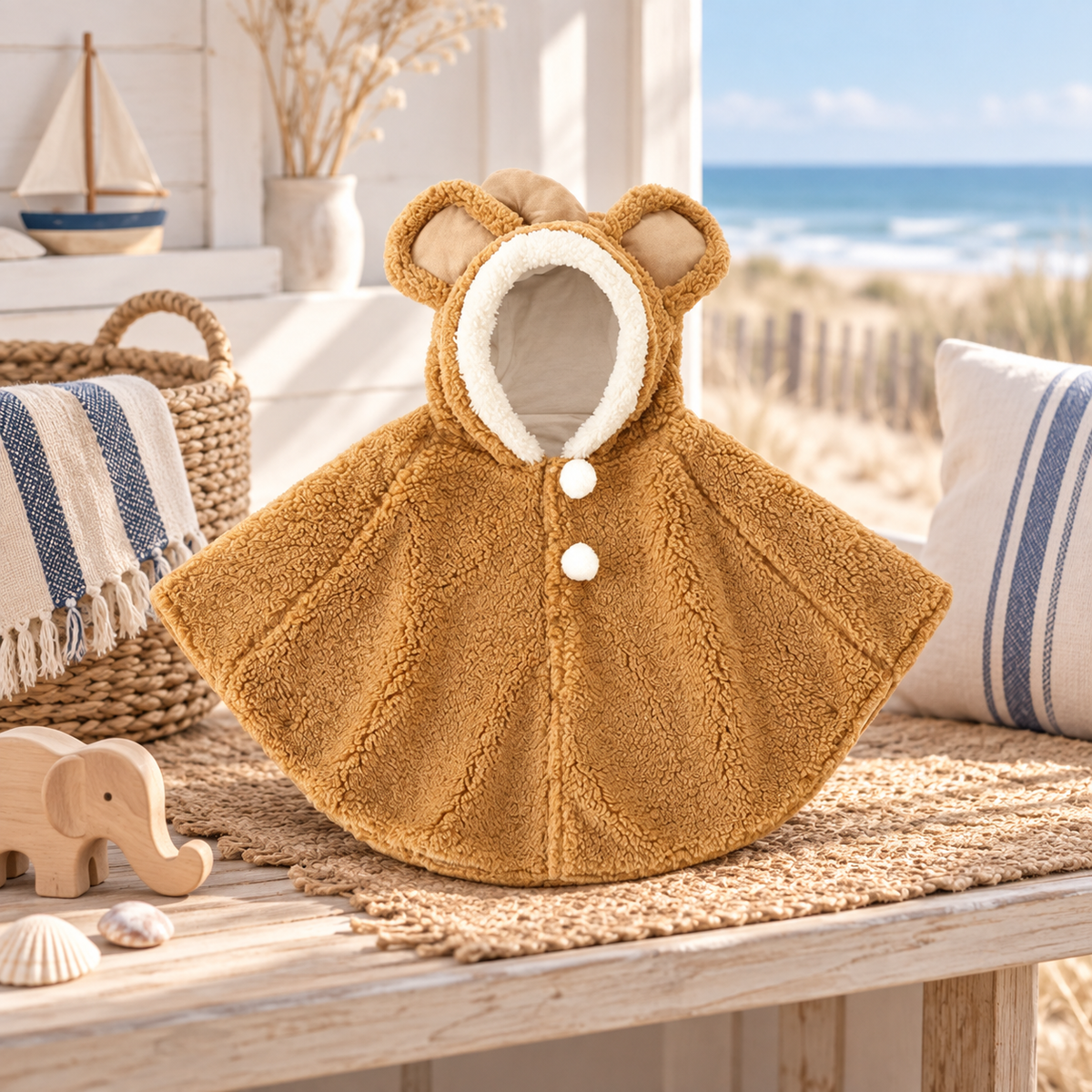 Poncho Polaire Bébé Oreilles D'éléphant – Camel / Bébé (1 à 3 Ans), visuel principal lifestyle