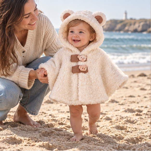 Poncho Polaire Bébé Ours – Blanc / Bébé (0 à 3 ans), en situation sur la côte Atlantique