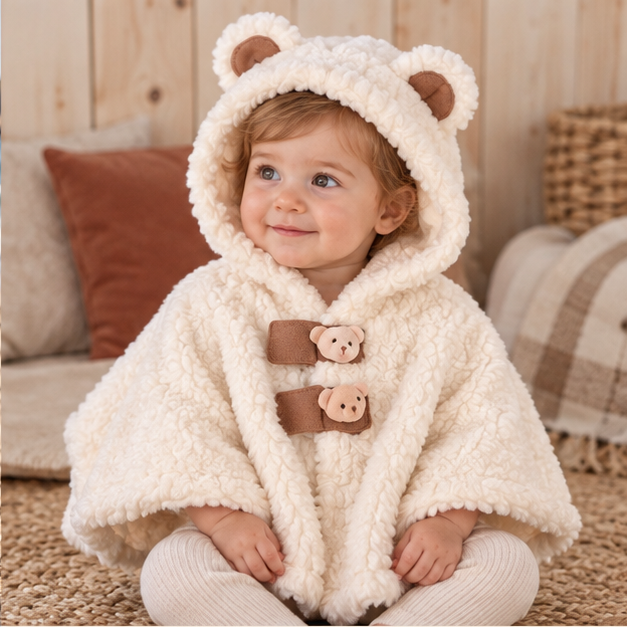 Poncho Polaire Bébé Ours – Blanc / Bébé (0 à 3 ans), dans un intérieur côtier lumineux