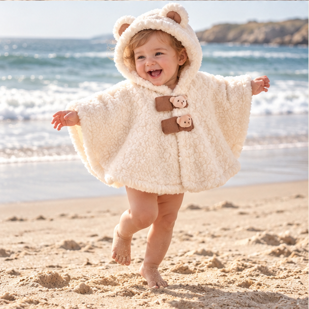 Poncho Polaire Bébé Ours – Blanc / Bébé (0 à 3 ans), porté en mouvement au bord de l’océan