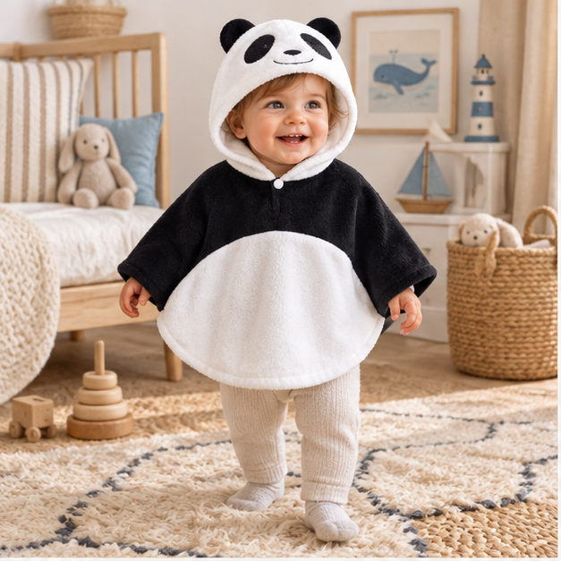 Poncho Polaire Bébé Panda – Blanc / Bébé (1 à 3 ans), en situation sur la côte Atlantique