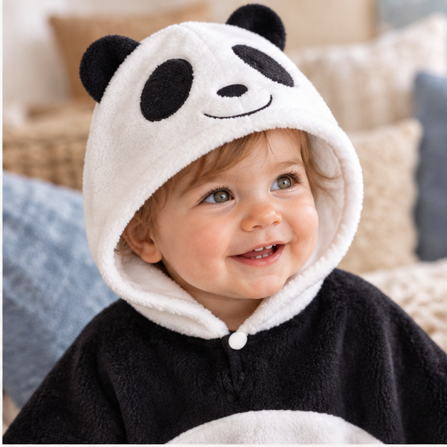 Poncho Polaire Bébé Panda – Blanc / Bébé (1 à 3 ans), dans un intérieur côtier lumineux