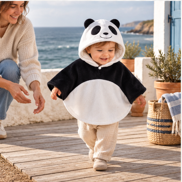 Poncho Polaire Bébé Panda – Blanc / Bébé (1 à 3 ans), porté en mouvement au bord de l’océan