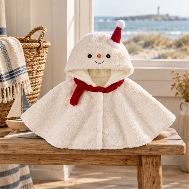 Poncho Polaire Bonhomme de Neige – Blanc / S (1 à 6 Mois), Blanc / M (6 à 14 Mois), en situation sur la côte Atlantique