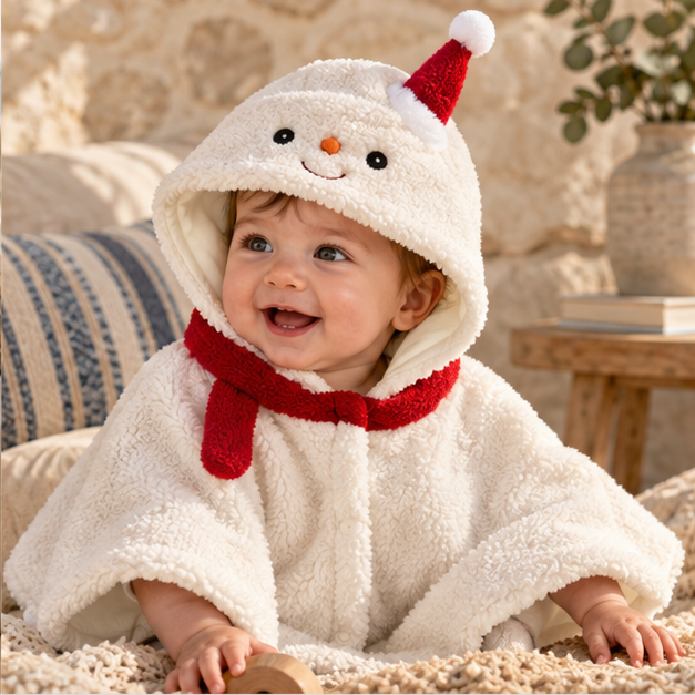 Poncho Polaire Bonhomme de Neige – Blanc / S (1 à 6 Mois), Blanc / M (6 à 14 Mois), dans un intérieur côtier lumineux