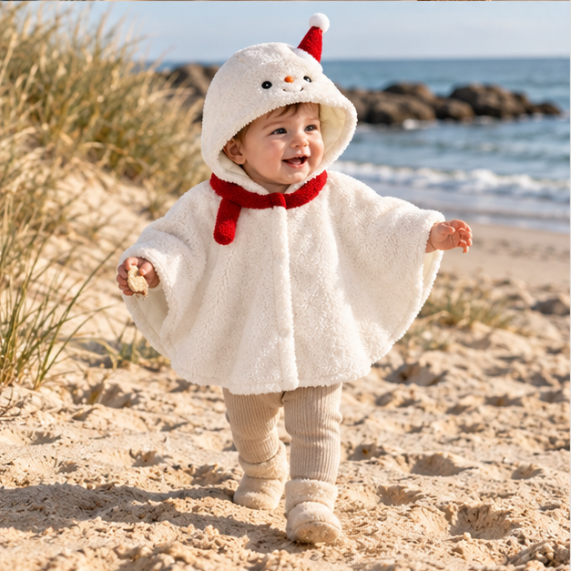 Poncho Polaire Bonhomme de Neige – Blanc / S (1 à 6 Mois), Blanc / M (6 à 14 Mois), porté en mouvement au bord de l’océan