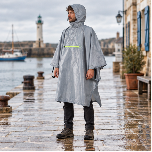 Poncho Randonnée Gris – Gris / Adulte, en situation sur la côte Atlantique