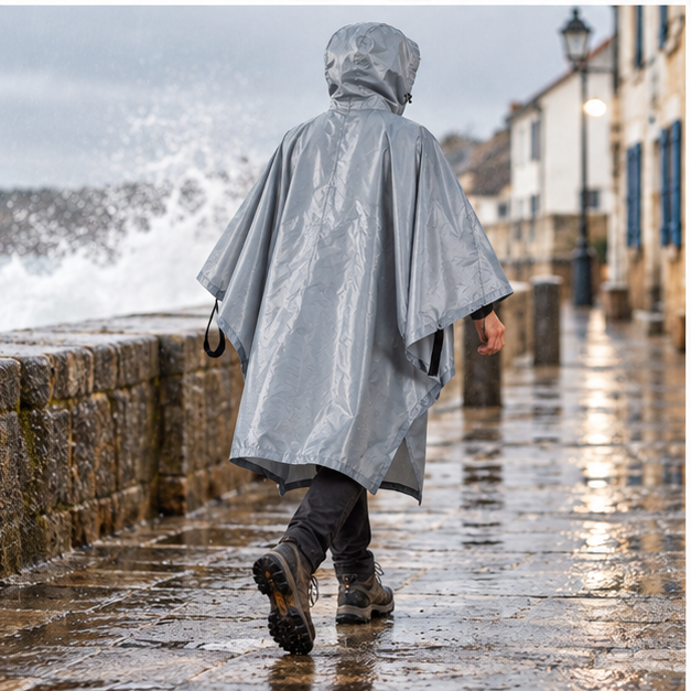 Poncho Randonnée Gris – Gris / Adulte, porté en mouvement au bord de l’océan