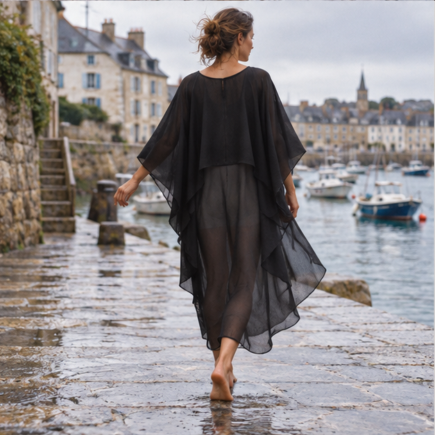 Poncho Robe – Noir / Adulte, porté en mouvement au bord de l’océan