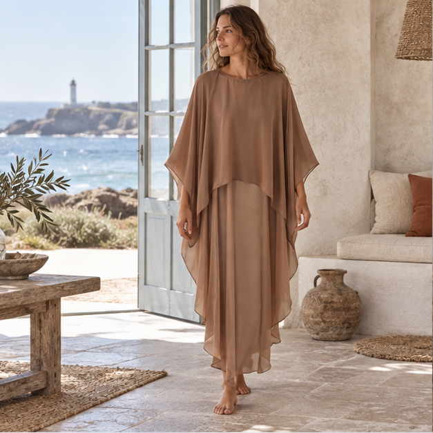 Poncho Robe – Marron / Adulte, en situation sur la côte Atlantique