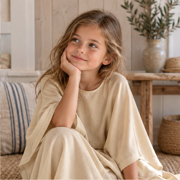 Poncho Robe – Beige / Adulte, dans un intérieur côtier lumineux