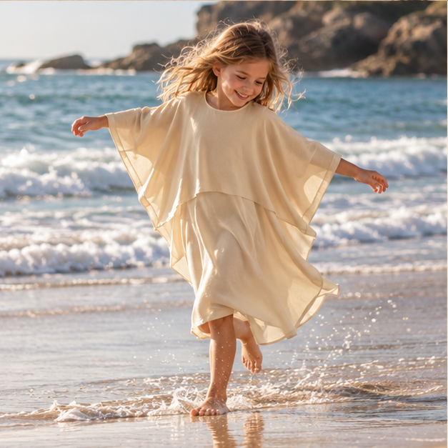 Poncho Robe – Beige / Adulte, porté en mouvement au bord de l’océan