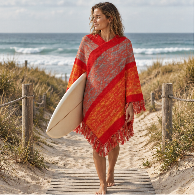 Poncho Rouge à Franges – Rouge / Adulte, en situation sur la côte Atlantique